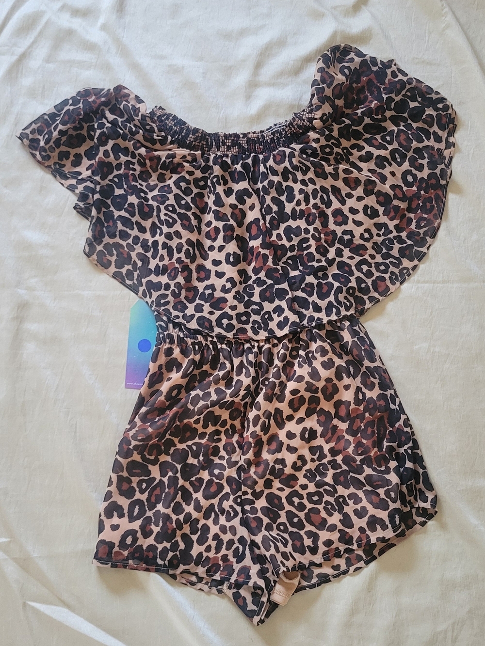 Show Me Your MuMu Womans Leopard Print Off-Shoulder Romper in Beige and Brown